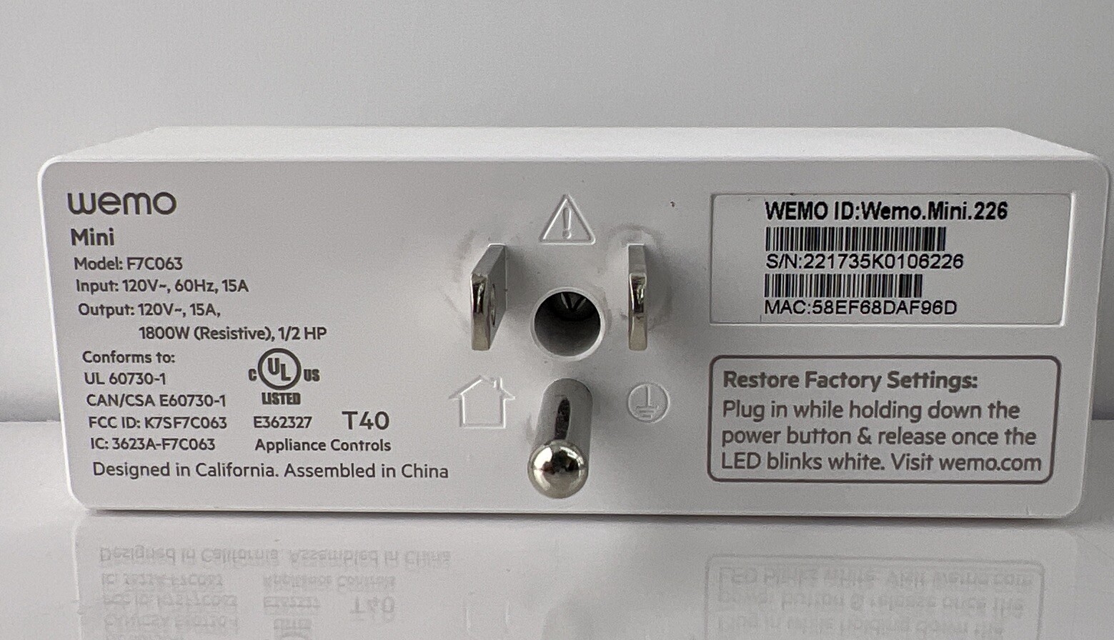 WeMo WiFi Enabled Mini Smart Plug - White (F7C063) FACTORY RESET