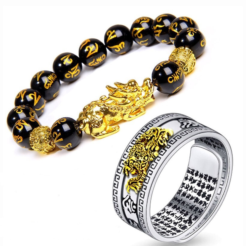 Pulsera y Anillo Pixiu Cuentas Obsidiana Budistas Buena Feng Shui Suerte Unisex