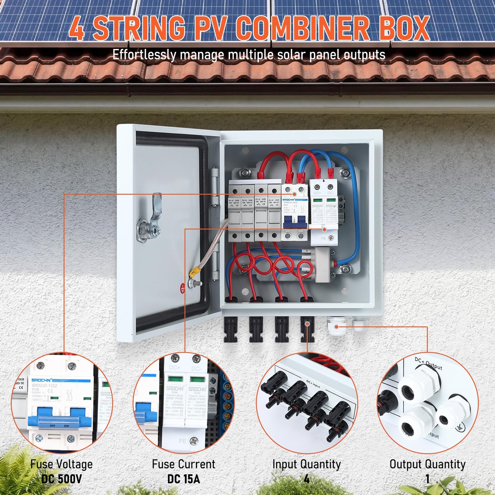 1PC 4 PV Combiner Box, Metal Enclosure DC 500V 15A Fuse Solar Combiner String