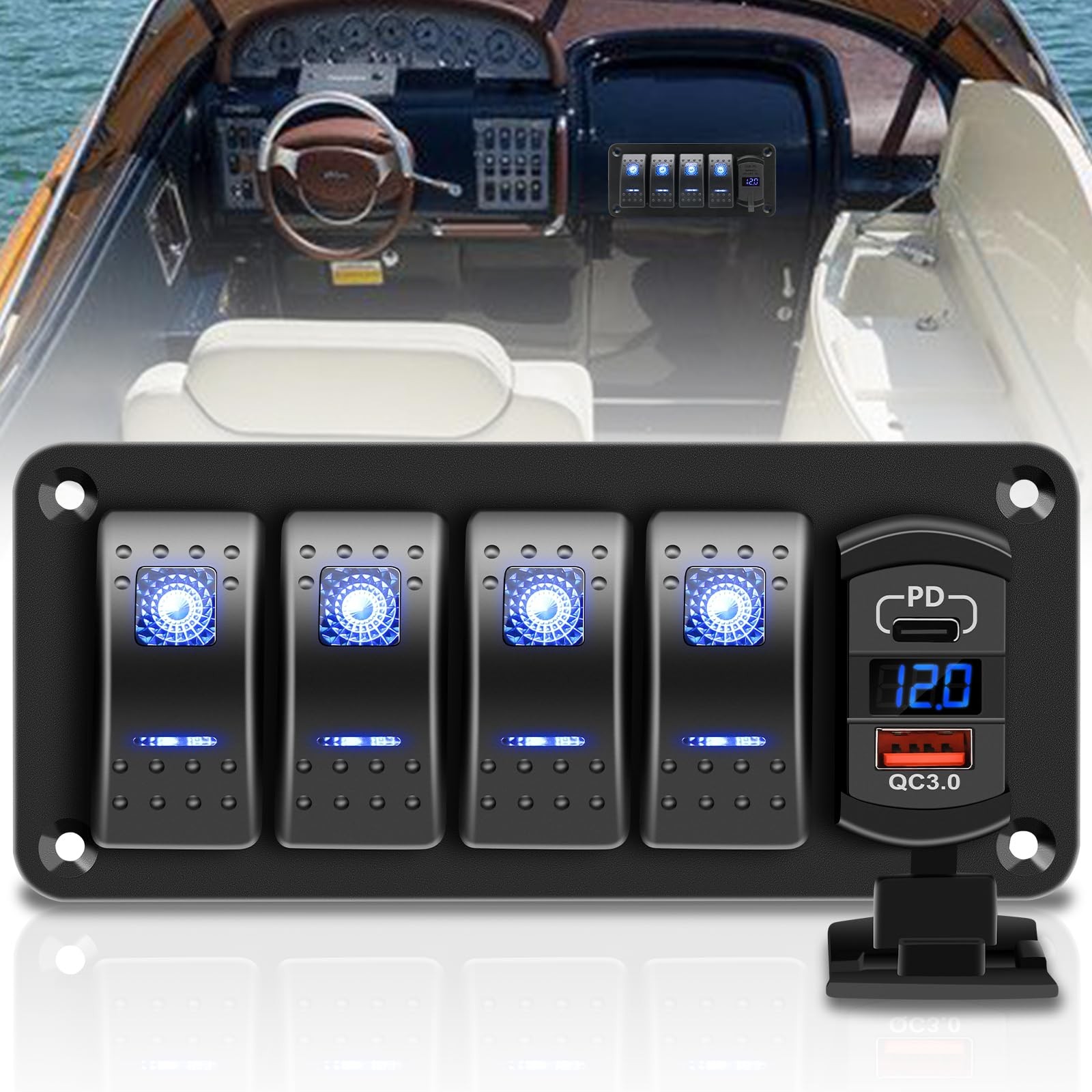Blue 4 Gang Waterproof Boat Rocker Switch Panel 1224V Voltmeter USB QC 3.0