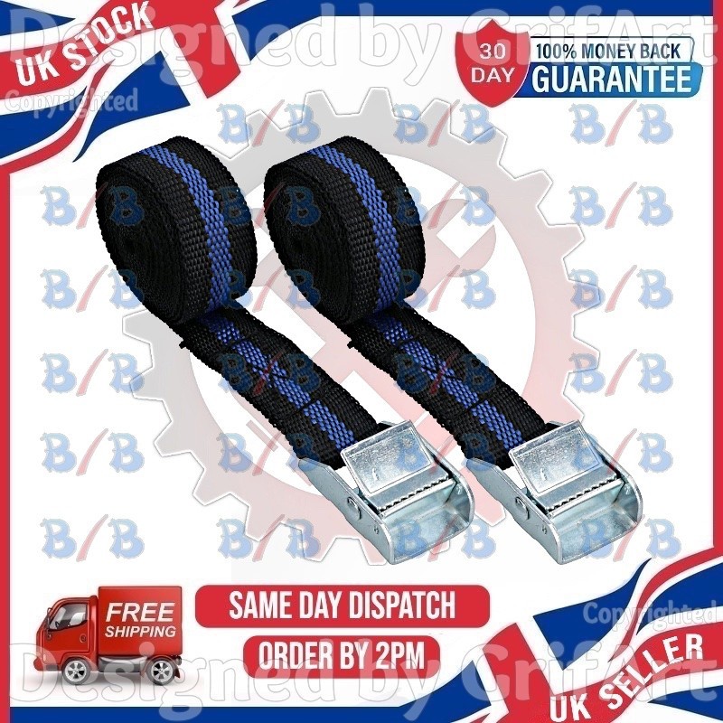 2 TIE DOWN CARGO LUGGAGE STRAPS CAM BUCKLE STRONG ROOF RACK TRAILER NYLON LONG