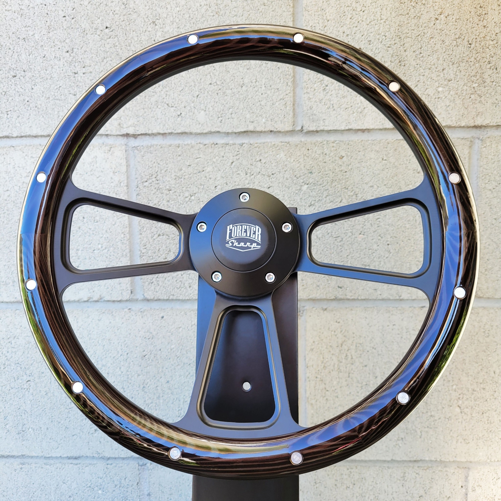 14" Black Billet Steering Wheel Dark Burnt Flame Pine Wood Real Aluminum Rivets