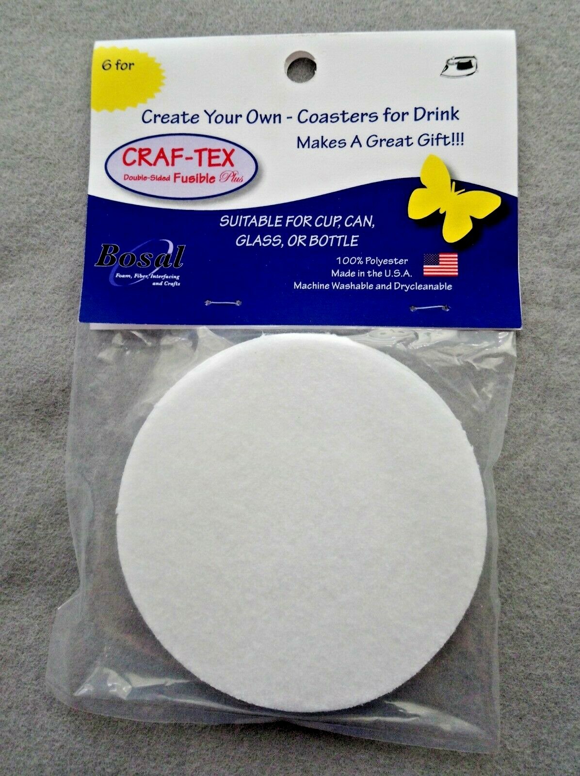 Craf-Tex coasters in a 6 pack. Double sided fusible interfacing. Made in the USA
