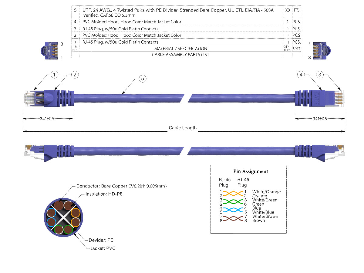 10ft Cat5e UTP Ethernet Network Patch Cable Snagless 24AWG Bare Copper, Purple