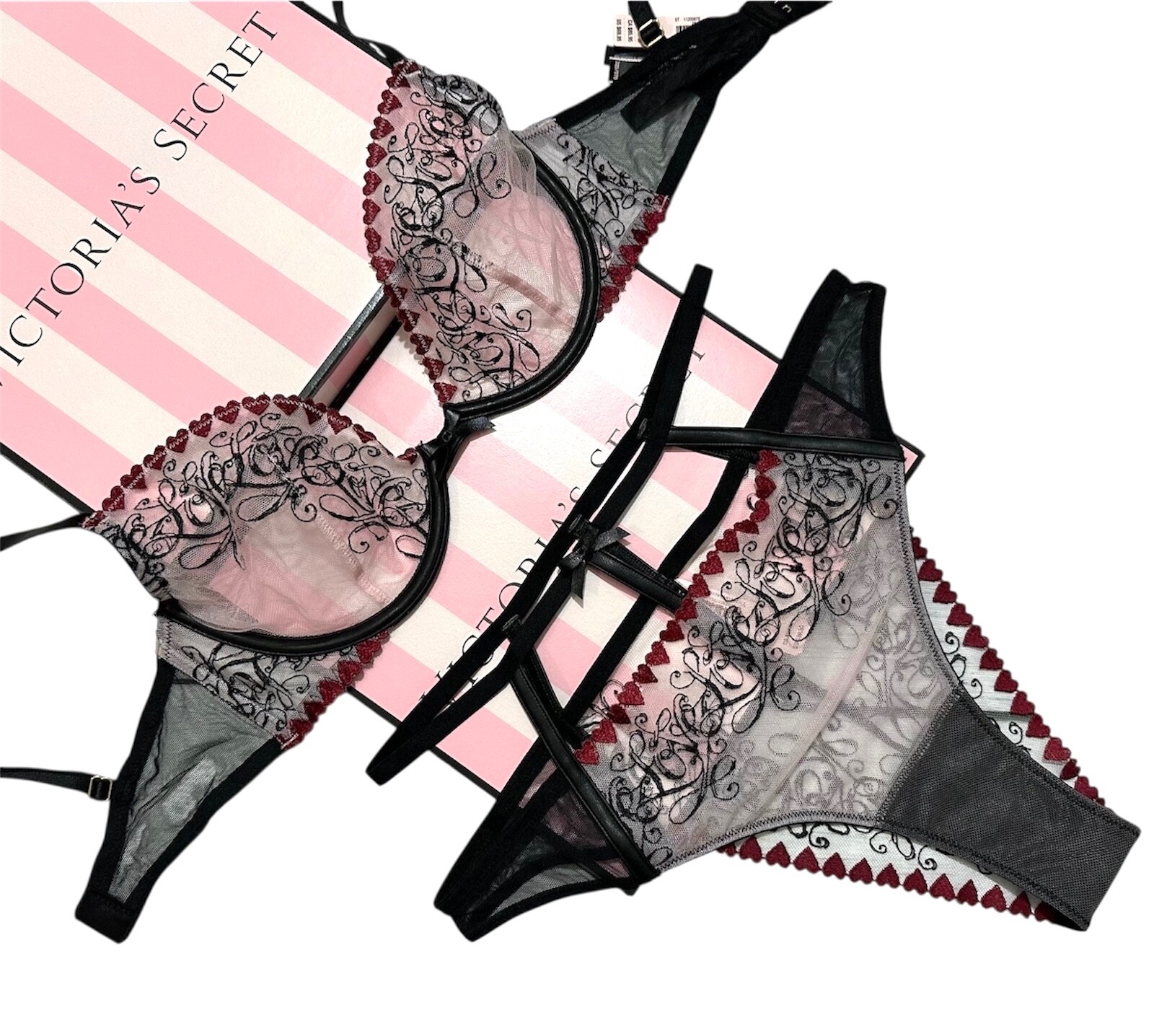 Victoria’s Secret Love Letter Mesh Embroidered Bra High Waist Thong Lingerie Set