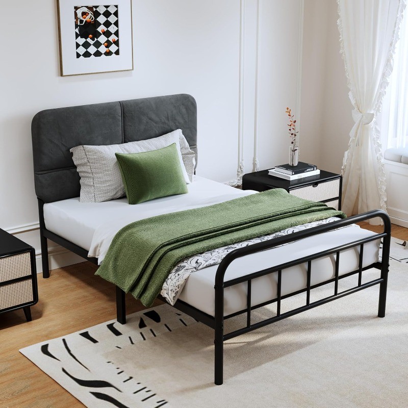 14Inch Metal Bed Frame,Twin Size Bed Frame with Upholstered Headboard,Heavy Duty