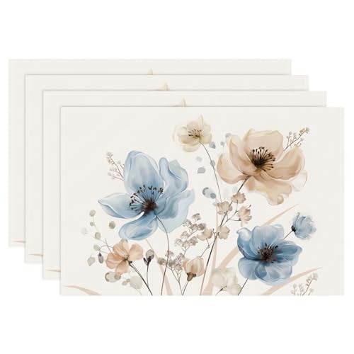Watercolor Floral Placemats Set of 4, 12x18 Inch Brown Flower Leaves Blue