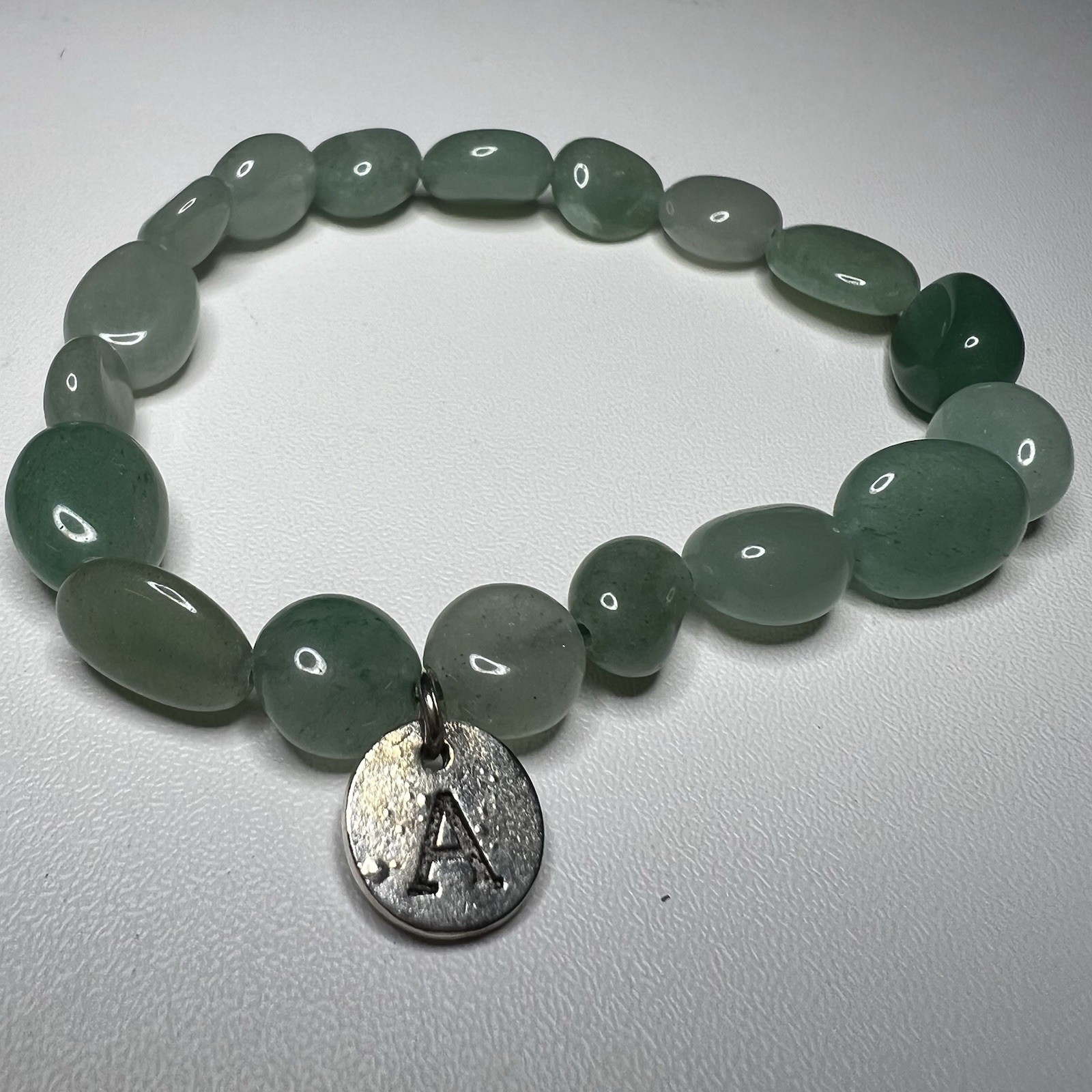 Green Aventurine Tumbled Crystal Beaded Bracelet Initial A Elastic Stretch