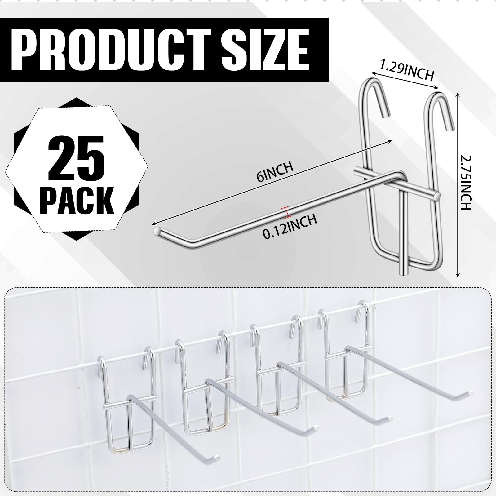 25 PCS 6 Inch Silver Grid Wall Panel Hooks Display Retail Garage Hangers