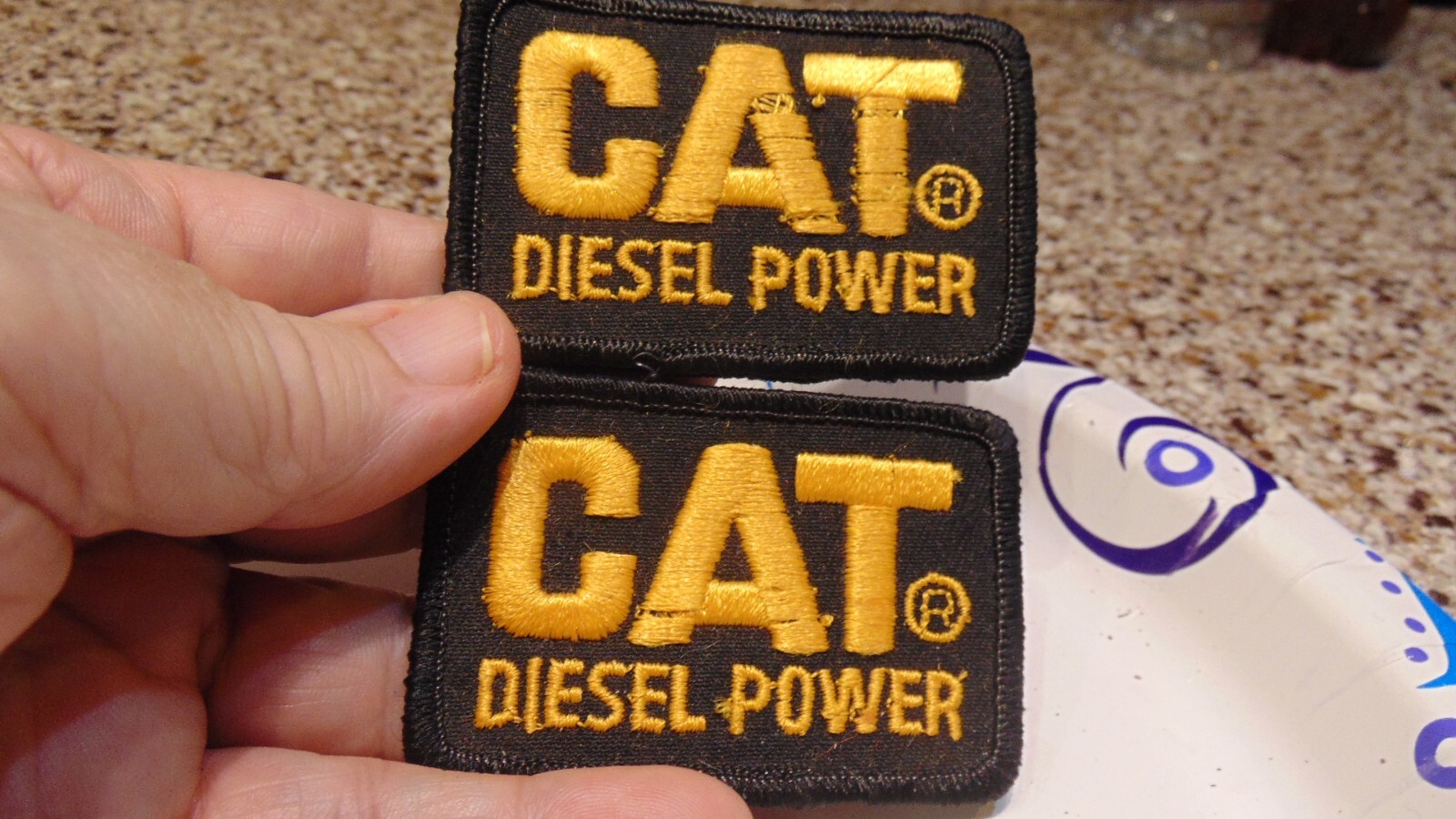 VINTAGE SET OF 2 CLOTH PATCHES - ADVERTISING CAT DIESEL POWER - HEAVY EQUIPMENT