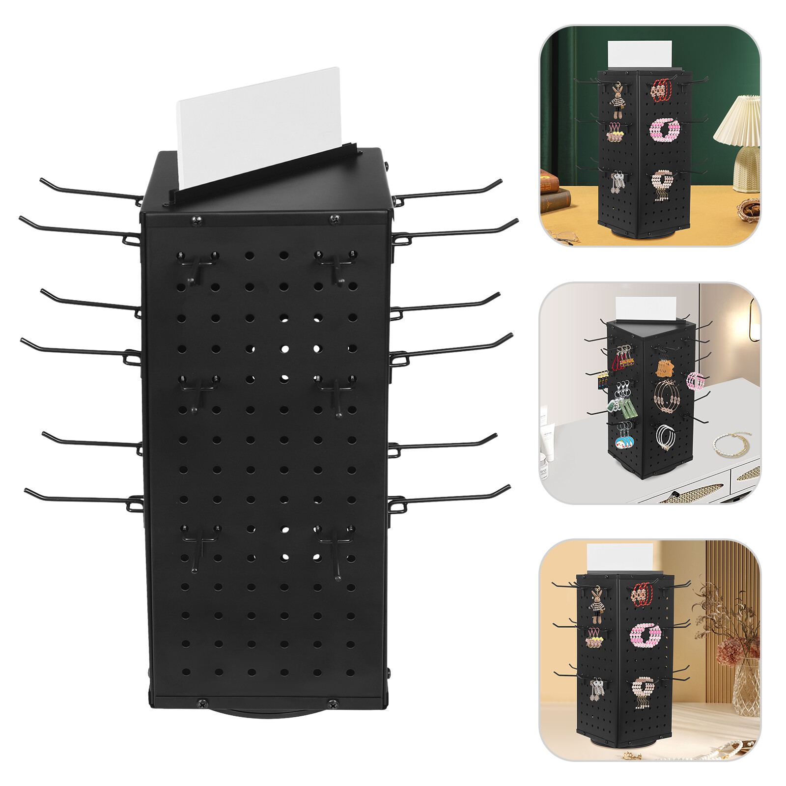 Rotating Pegboard Display Stand with 24 Hooks - 4-Sided Metal Spinning Peg Board