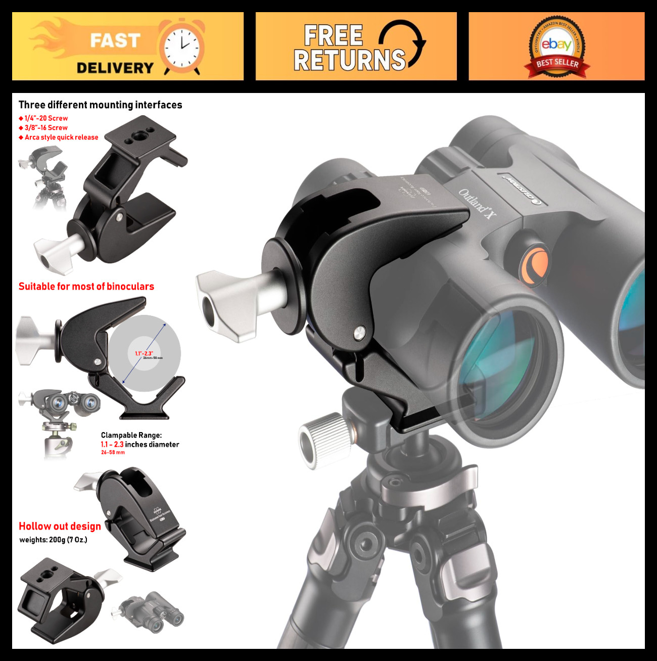 Binocular Tripod Adapter - ARCA Quick Release, Fits 26-58mm, 1/4"-20 & 3/8"-16 S