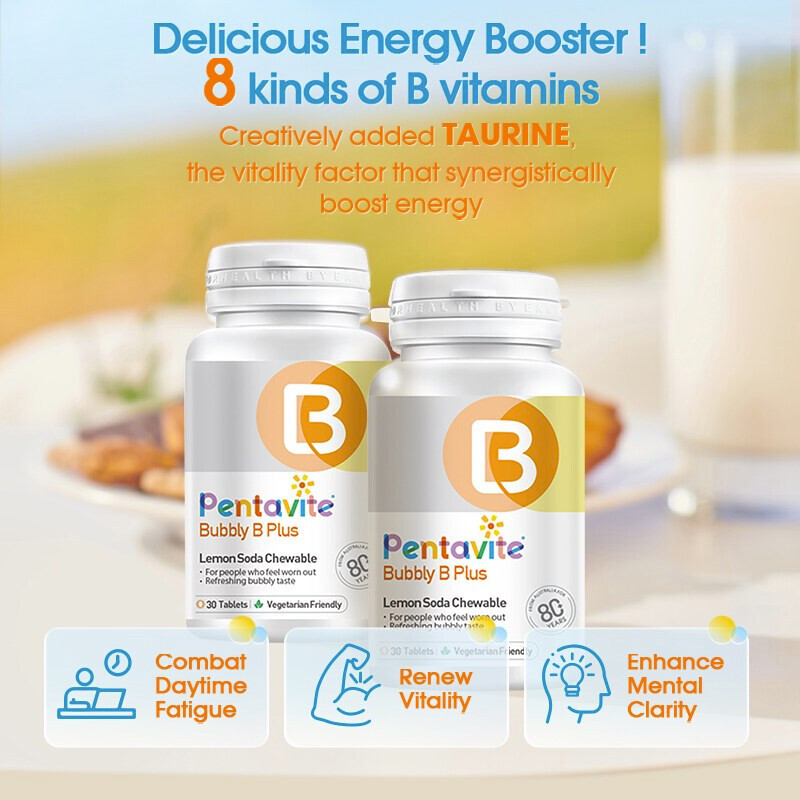 PENTAVITE Bubbly B Vitamins Plus Energy Lemon Soda Chewable for Adult x 3