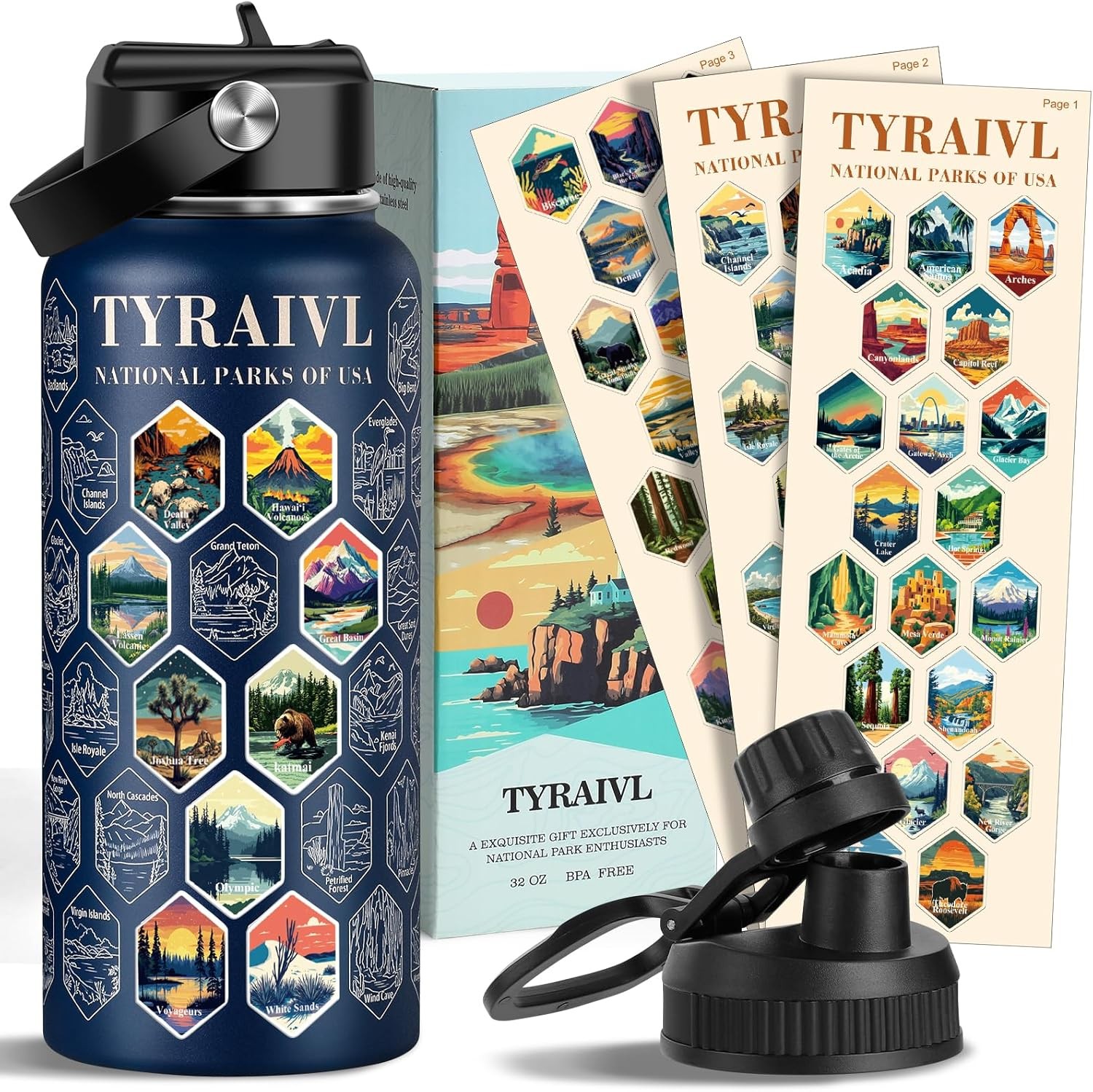 National Parks Water Bottle with Stickers, Birthday Gifts for Men and Women, 32o