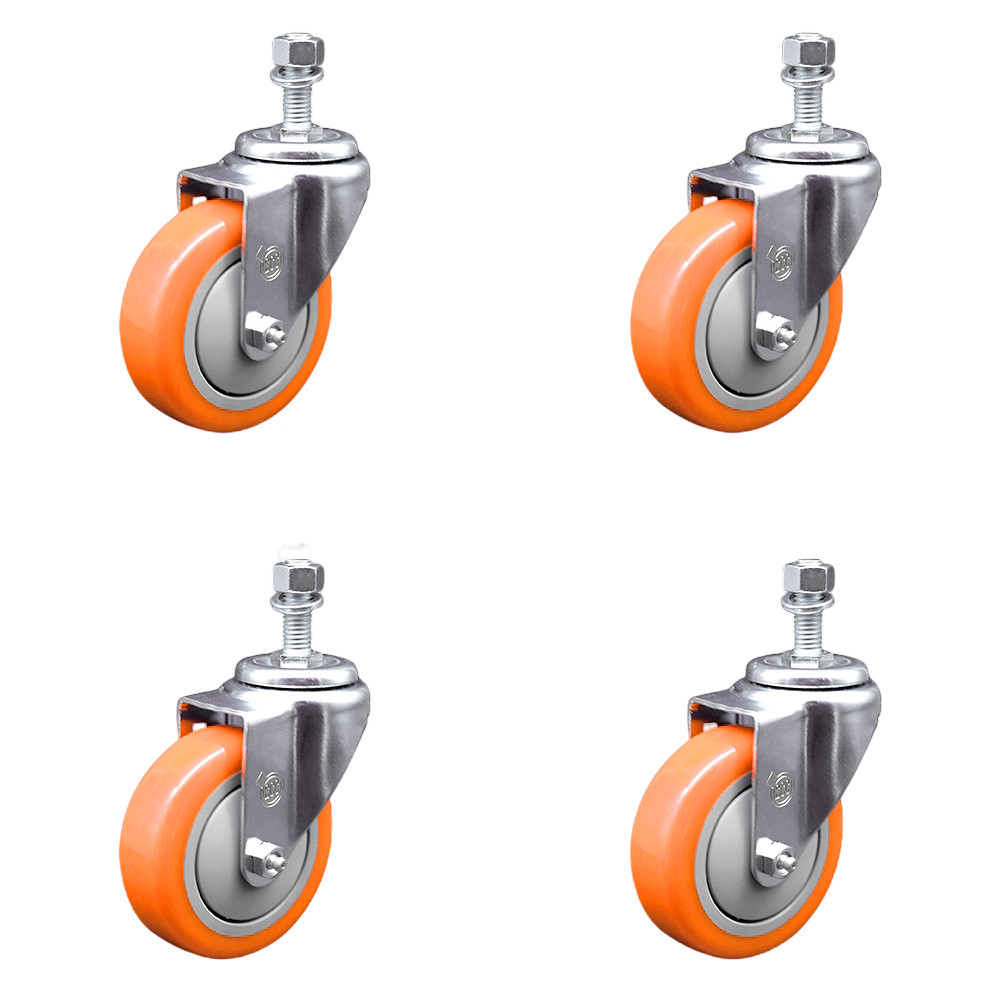 4 Inch SS Orange Polyurethane Wheel Swivel ½ Inch Threaded Stem Caster Set SCC