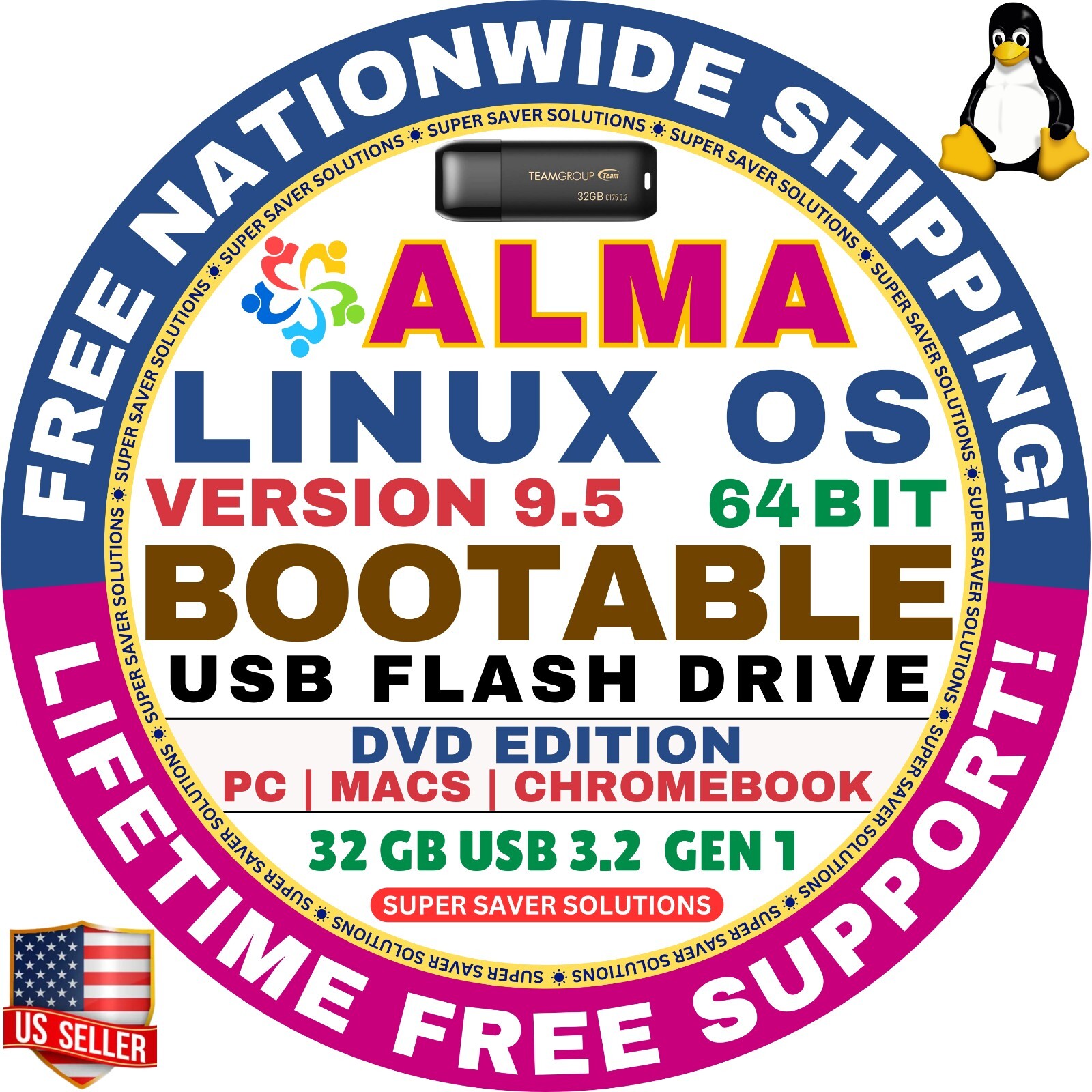 AlmaLinux 9.5 USB Flash Drive | DVD EDITION | AMD64 for MAC, PC Alma Linux
