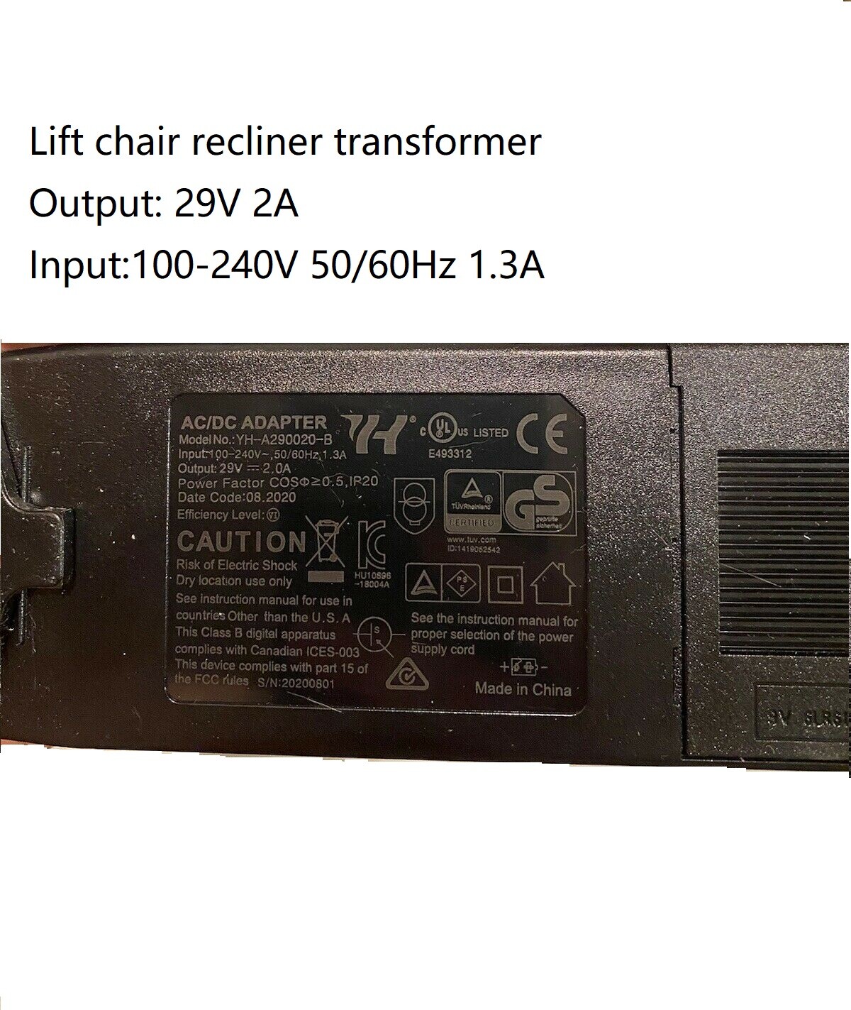 Lift Chair adapter or Recliner Transformer Battery back up 29V 2A+AC Power Cable