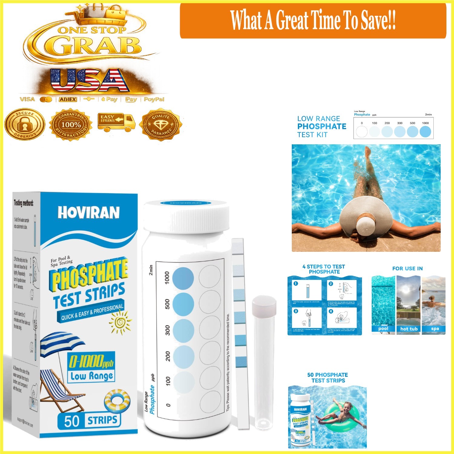 Pool Phosphate  Kit 50 Strips Water Testing for Pool & Hot Tub