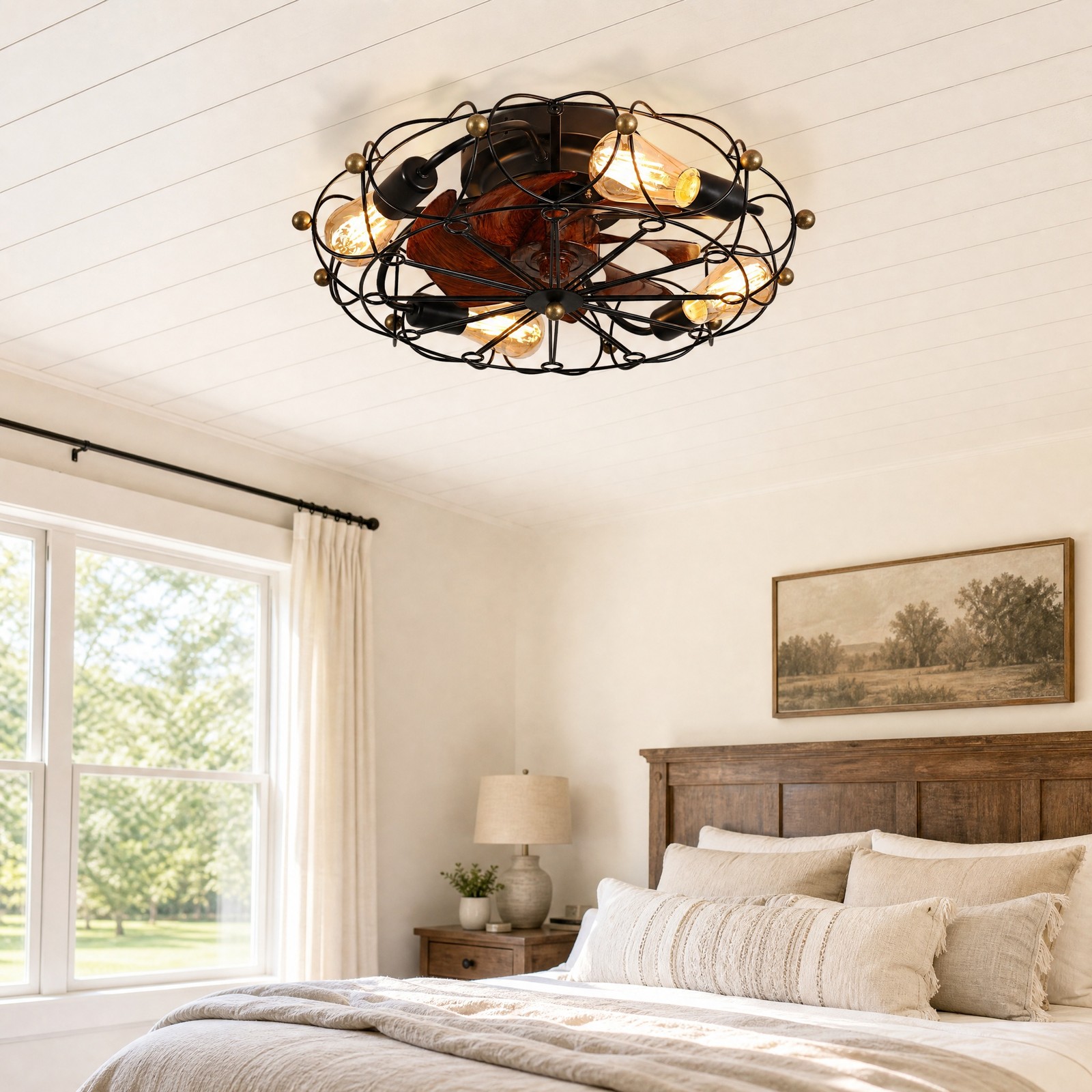 20 inch Black Modern Caged LED Ceiling Fan with Light Flush Mount Remote Control