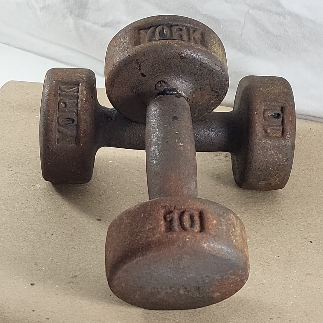 Vintage Pair YORK 10 Lb Roundhead Dumbbells Pre-USA Cast Iron Weights