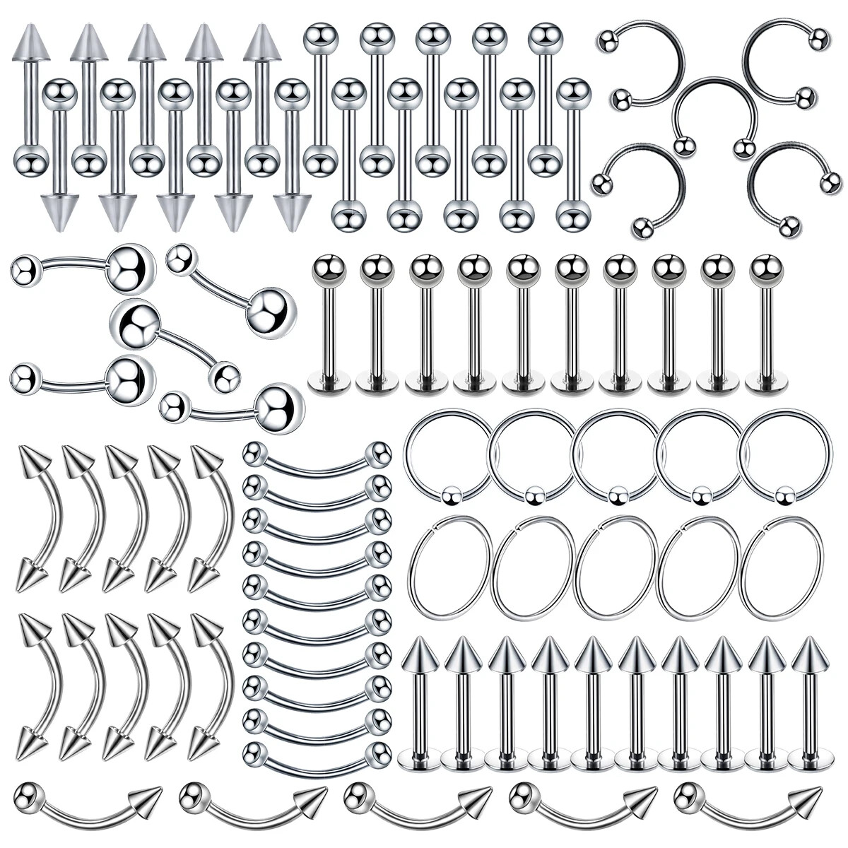Hot 85PCS Surgical Steel Body Piercing Jewelry Lot Bulk Nose Ring Tongue Bar