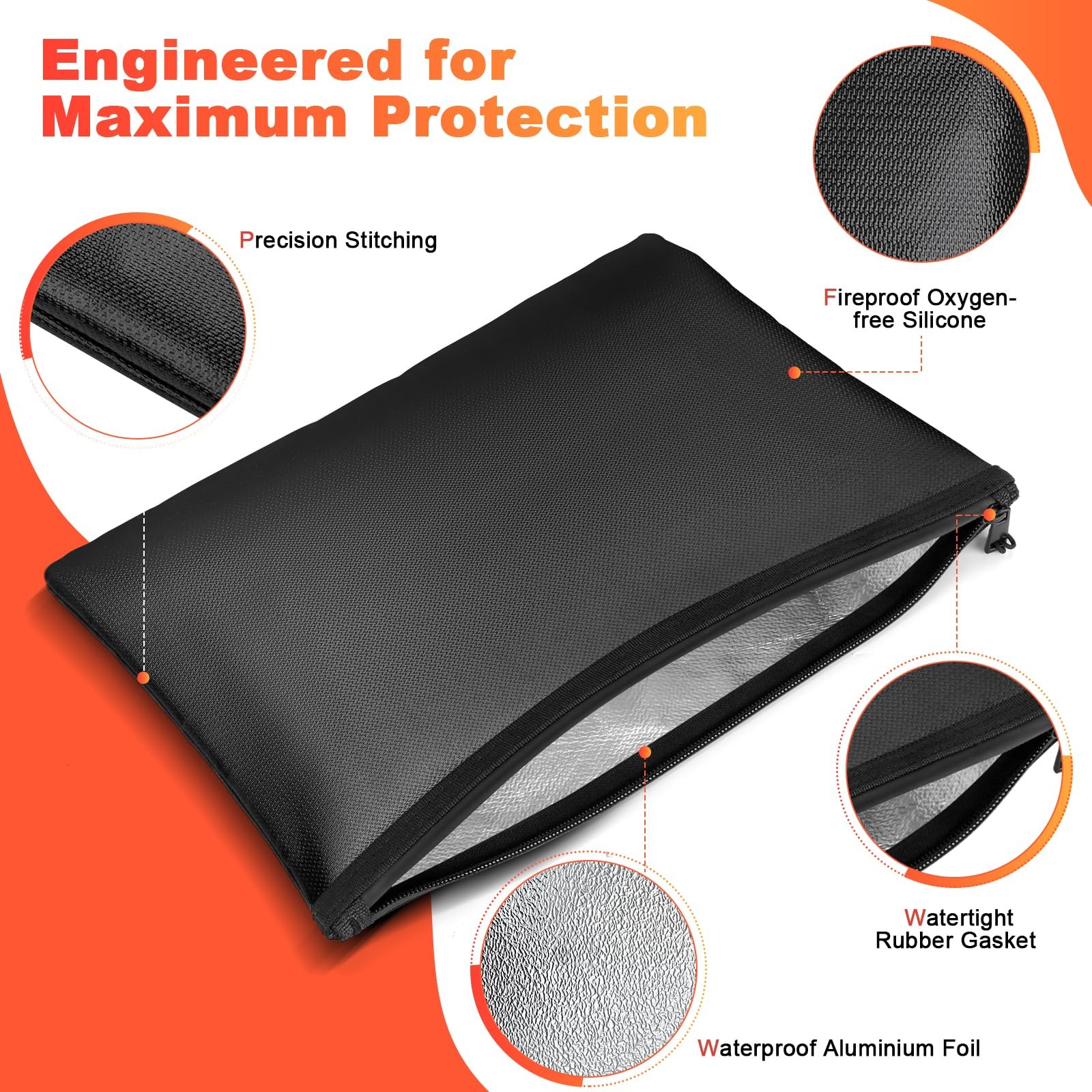 Fireproof Money Bag set 13.5x10 In Waterproof Document Security Black