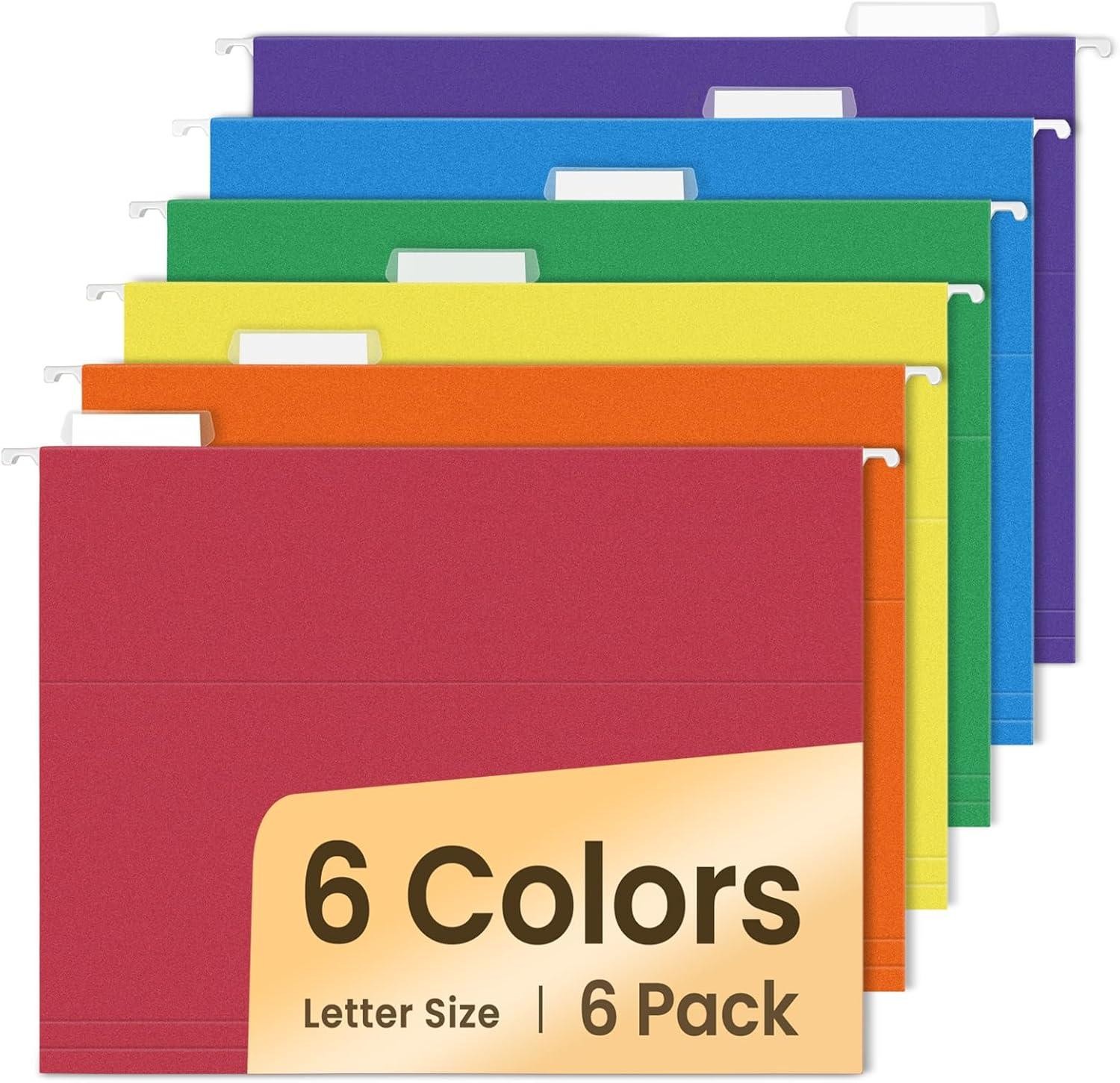 Letter Size Hanging File Folders 6 Pack W/ Tabs, Expandable, Assorted Colors