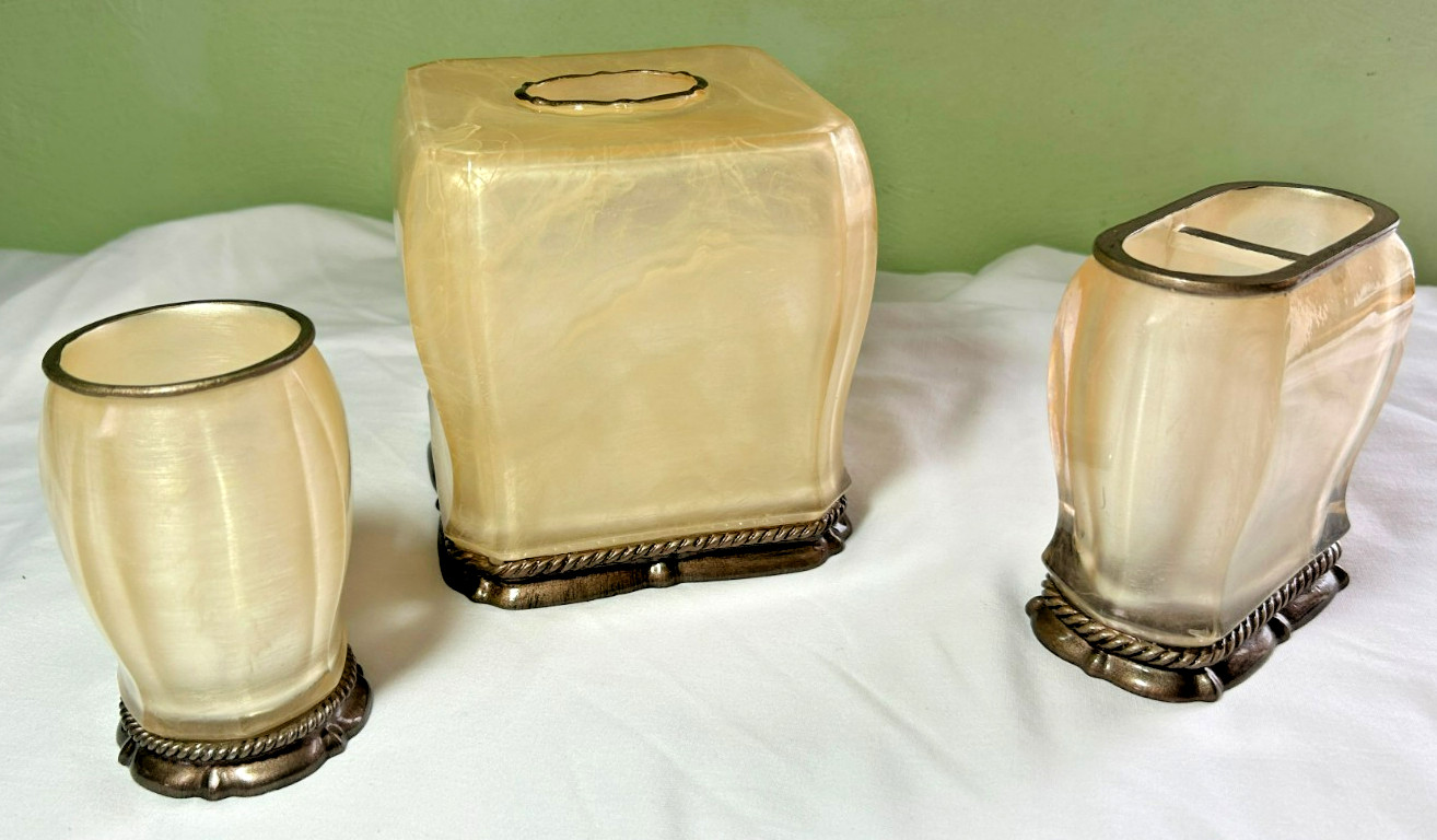 Bathroom 3 PC Set Signature Gioella Tissue Box Cover, Toothbrush Holder,  Cup