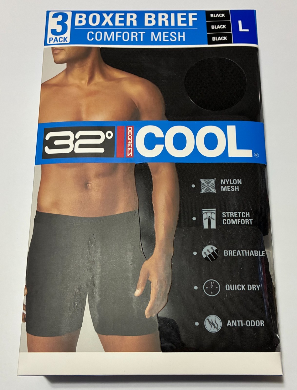 32 Degrees COOL Men's 3PK Comfort Mesh Boxer Briefs Large