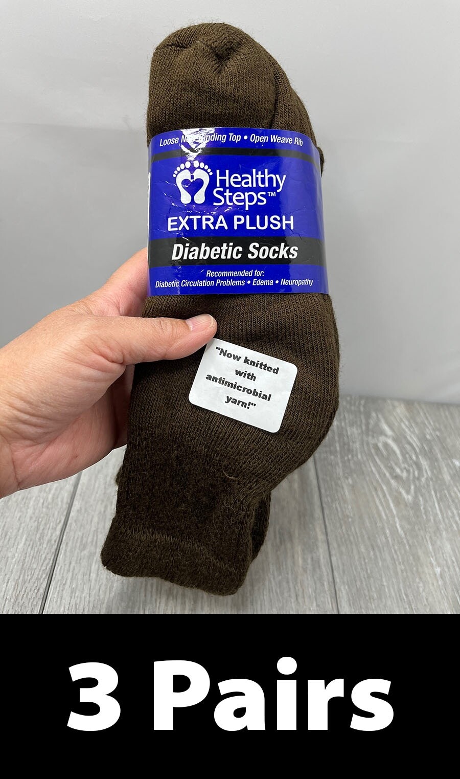 3-Pairs Healthy Steps Unisex Extra Plush Diabetic Quarter Socks, Brown Size S