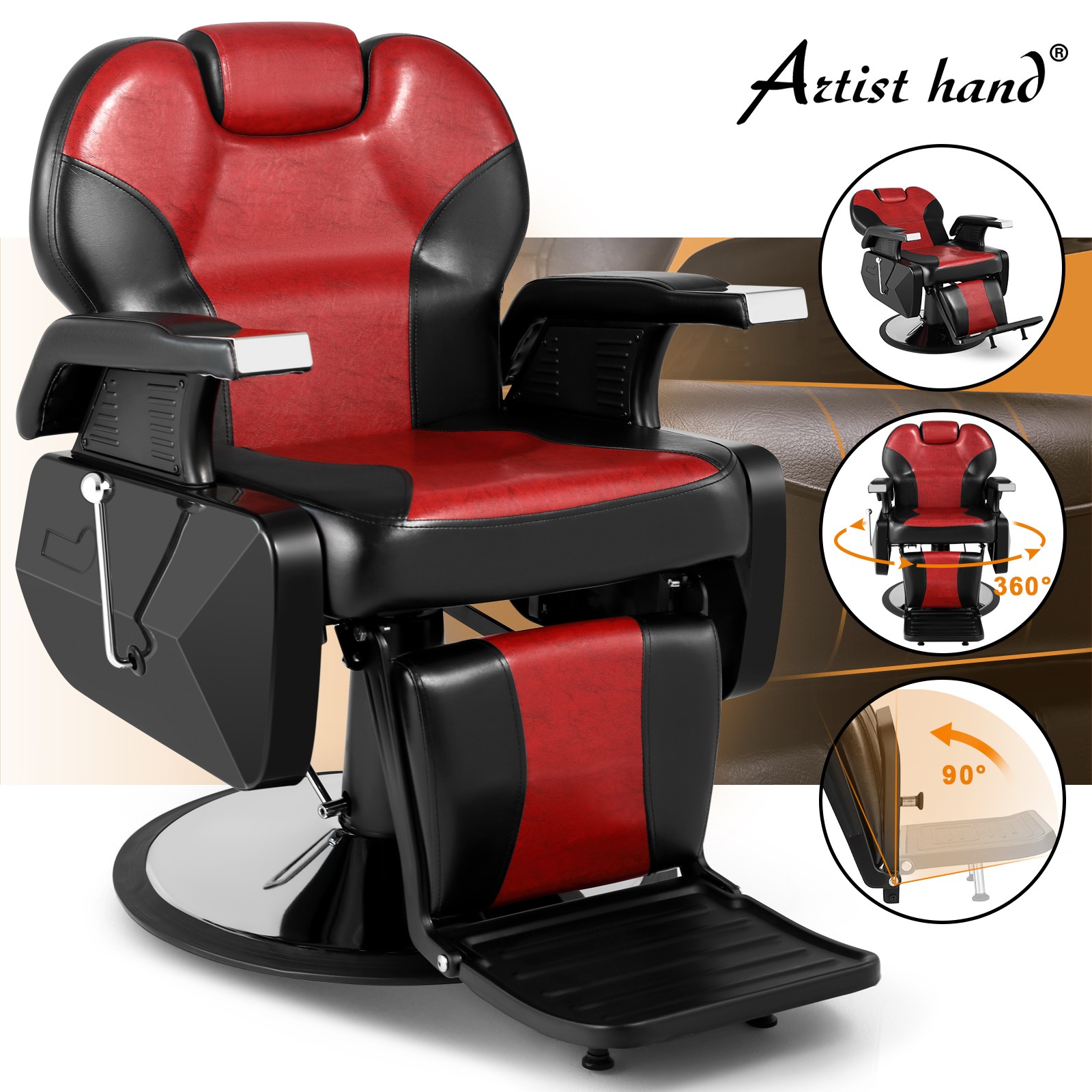 Artist hand Black+Red Hydraulic Recline Barber Chair HeavyDuty Salon Spa Styling