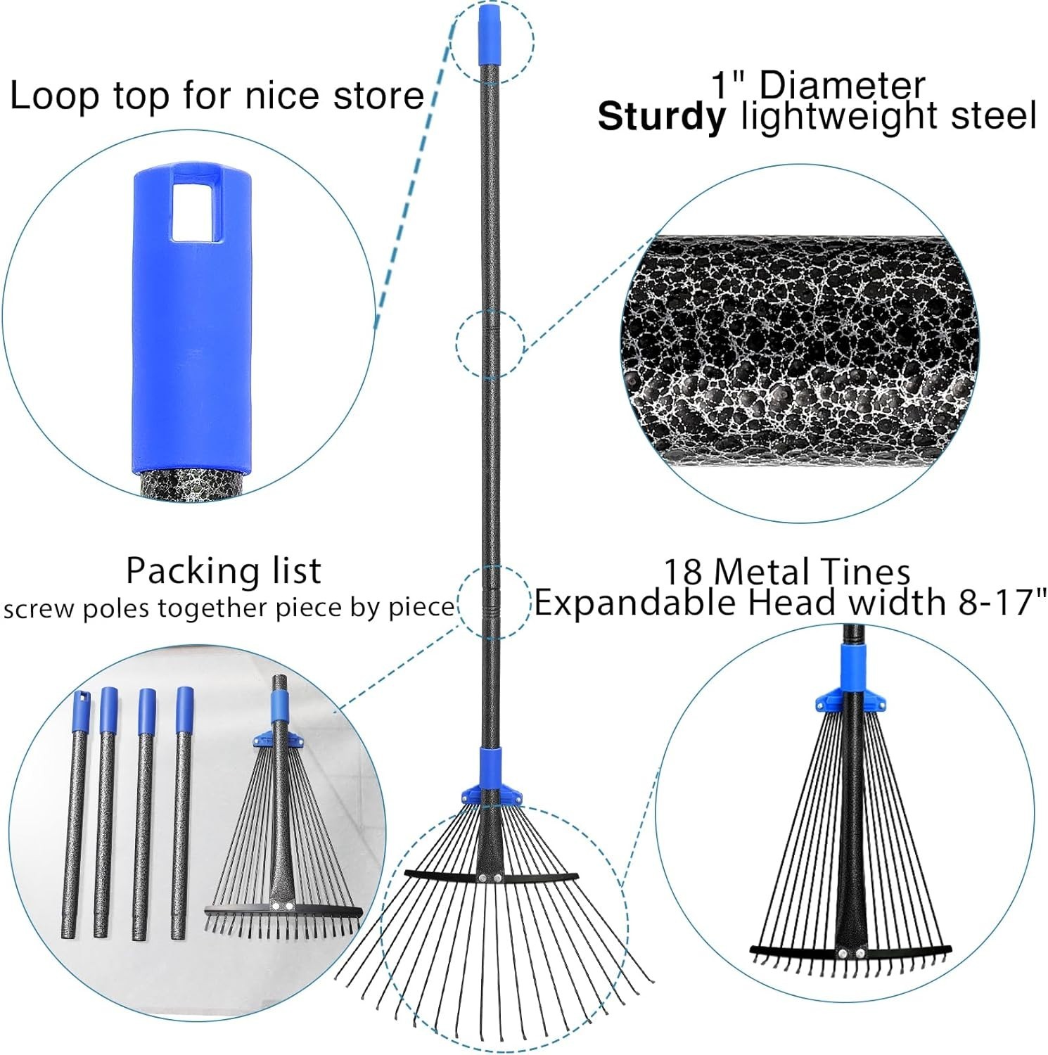 Expandable Rake with Long Handle for Easy Yard Work - From Pine Straw to Leaves
