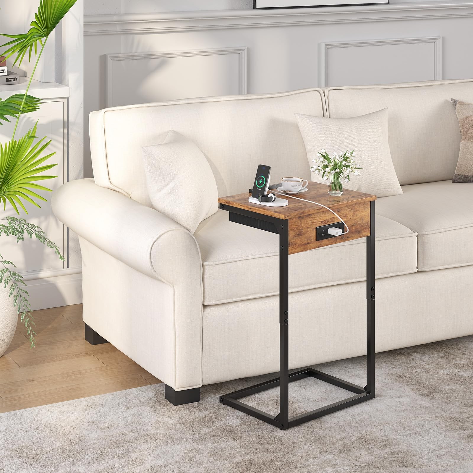 Shaped End Table with Charging Station, 45° Tiltable Adjustable Flip Top Tabl...