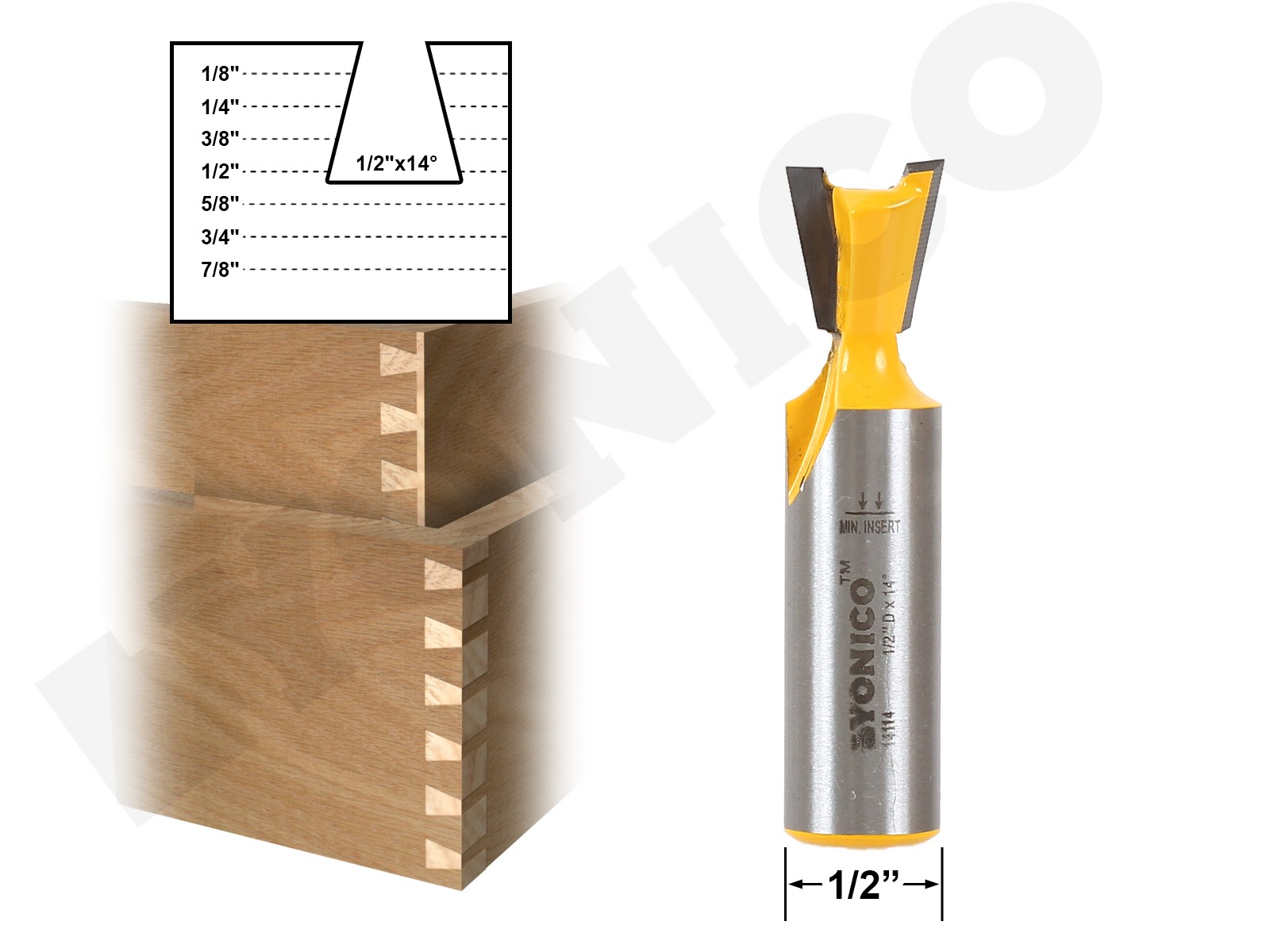 14Â° X 1/2" Dovetail Router Bit - 1/2" Shank - Yonico 14114