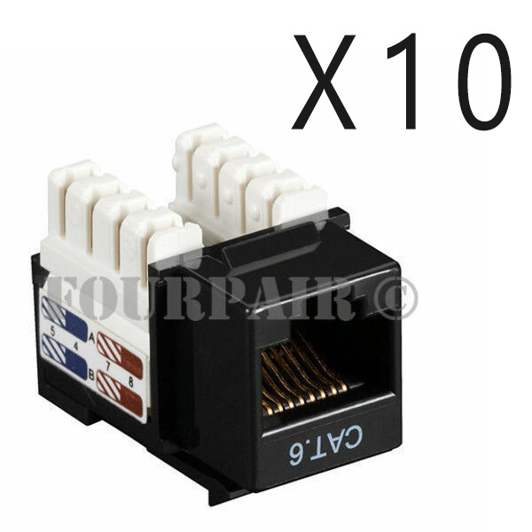 10 Pack Lot - CAT6 Ethernet RJ45 110 Punch Down Keystone Snap-In Jack - Black