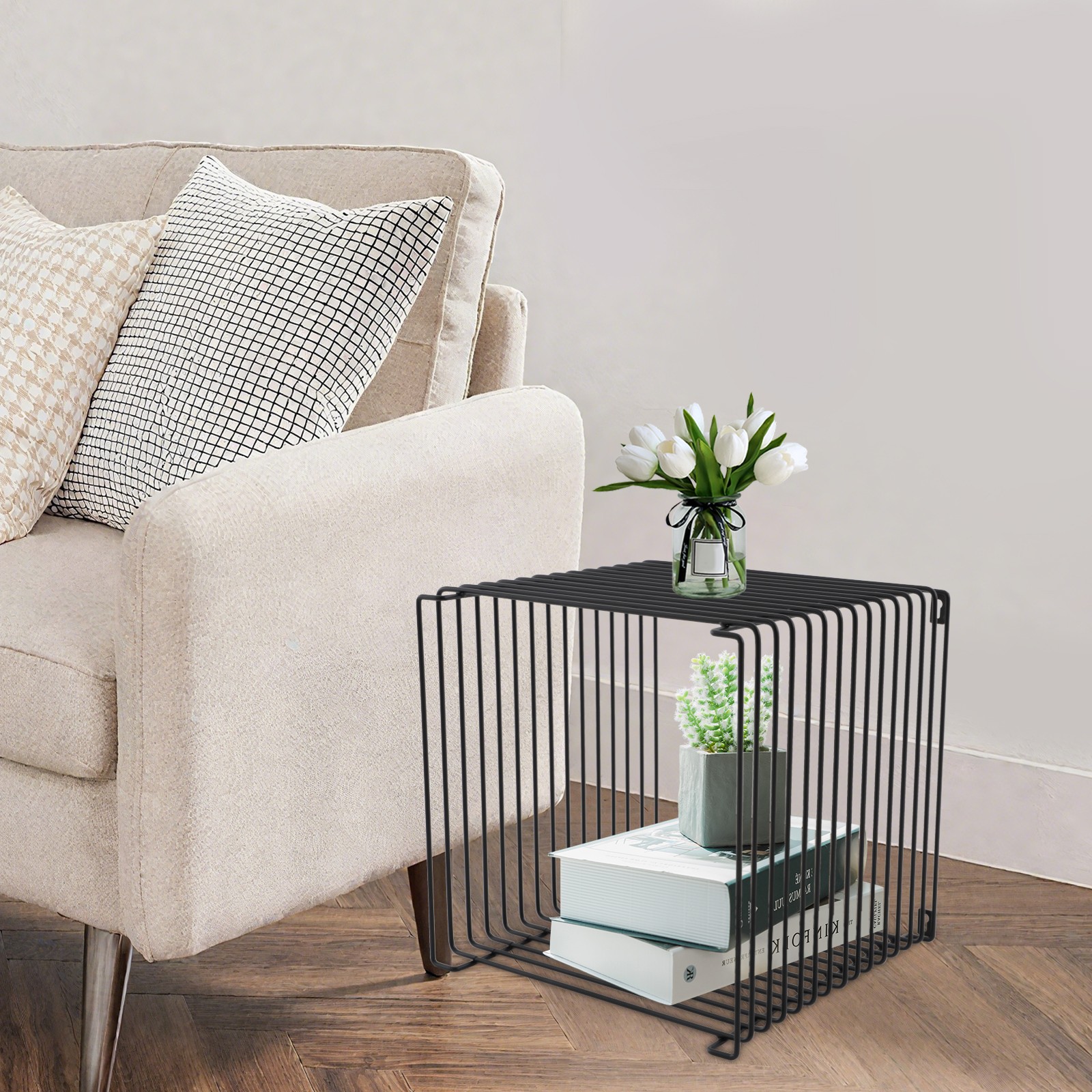 Modern Square Side Table Iron Multi-Purpose Side Table Black Cage End Table NEW