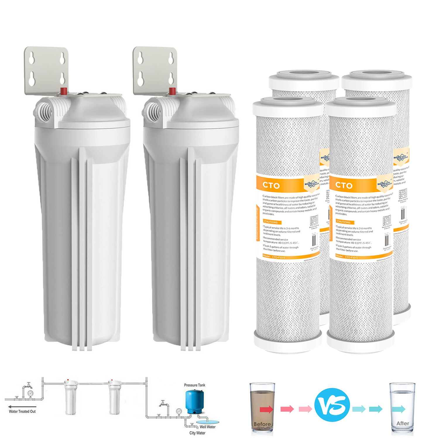 2Pack 10 Inch Whole House Water Filter Housing Filtration 4pc Carbon Replacement