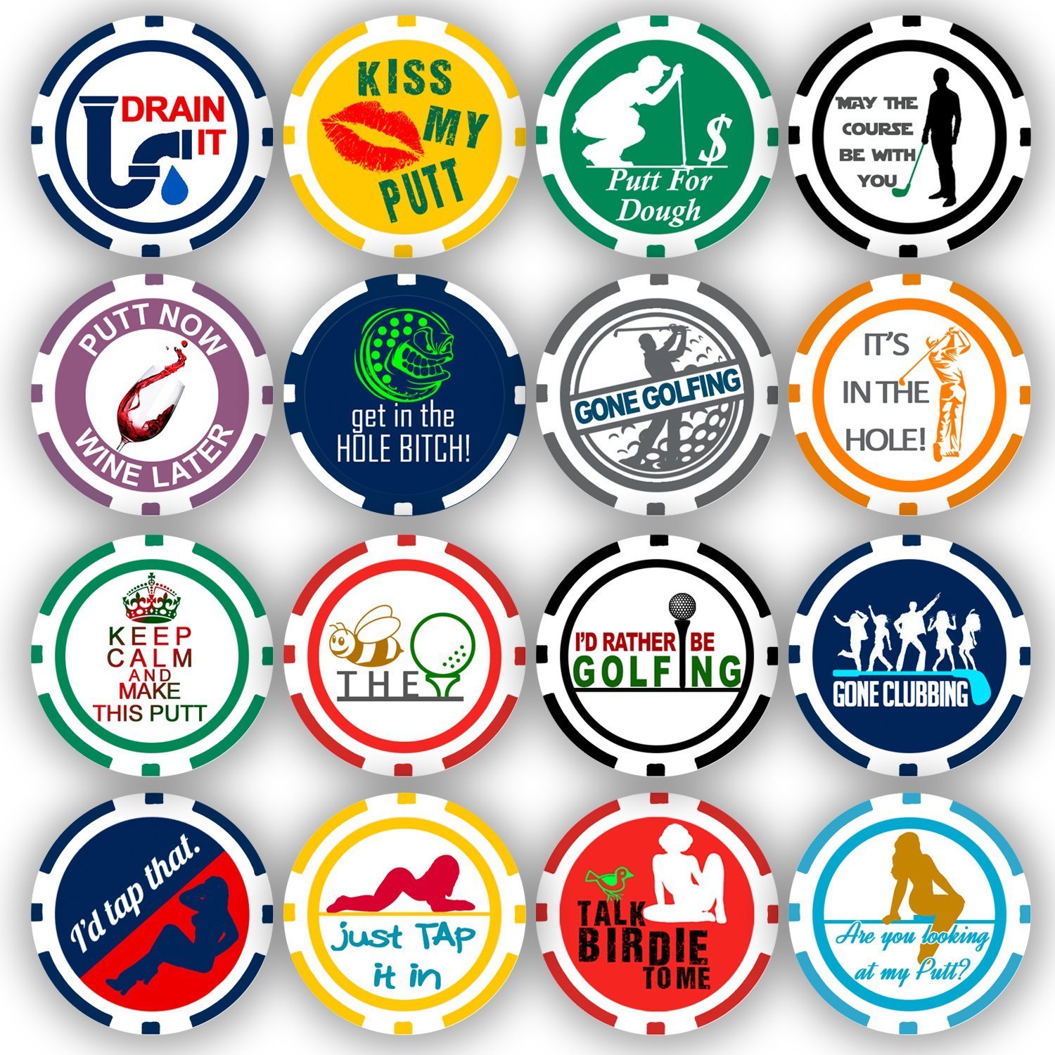 Golf Ball Marker Poker Chip Collection, 16 chips (11.5 gram chips)