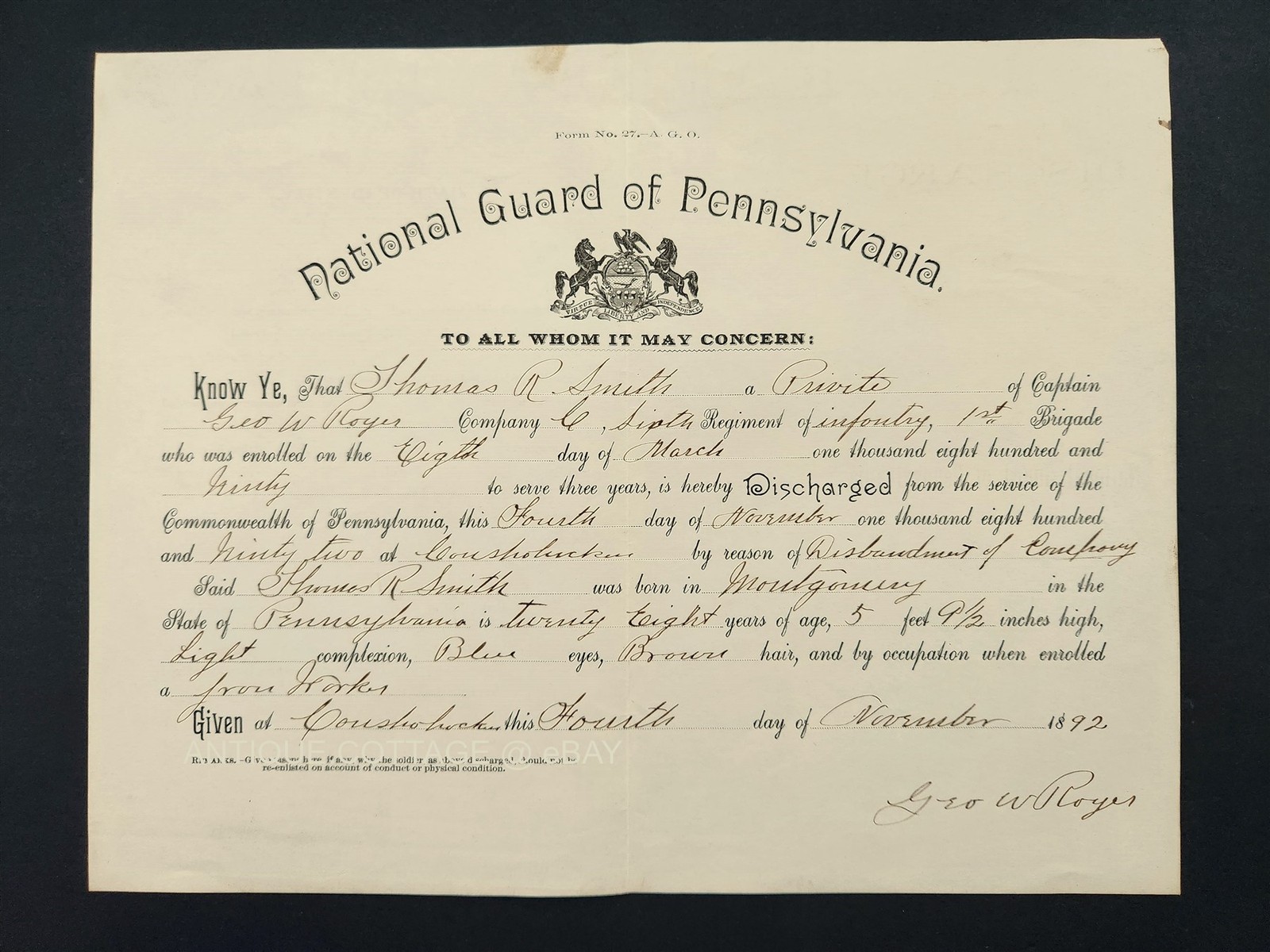 1892 antique NATIONAL GUARD of PA DISCHARGE Co C conshohocken THOMAS SMITH royer