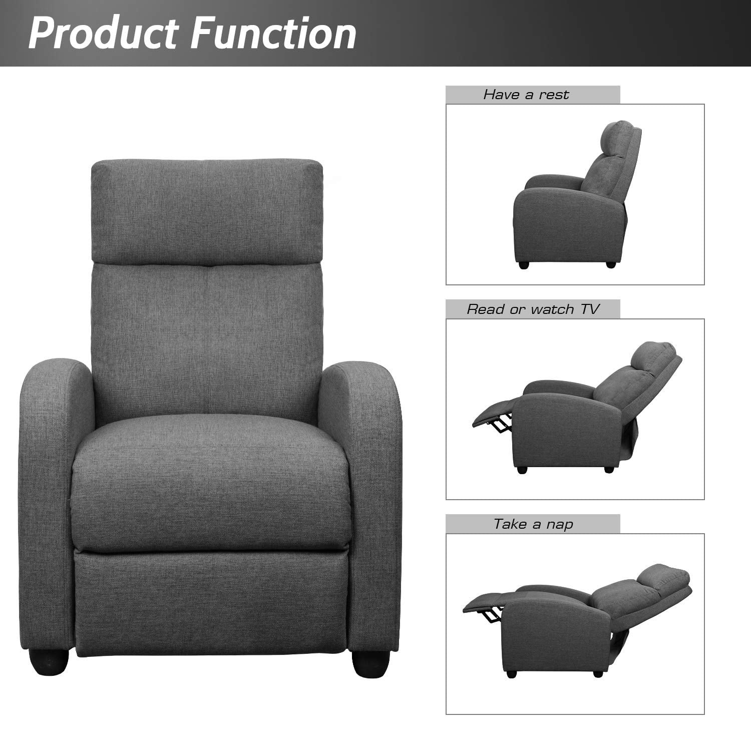 Single Recliner Thick Padded Push Back Recliner Living Room Fabric Grey