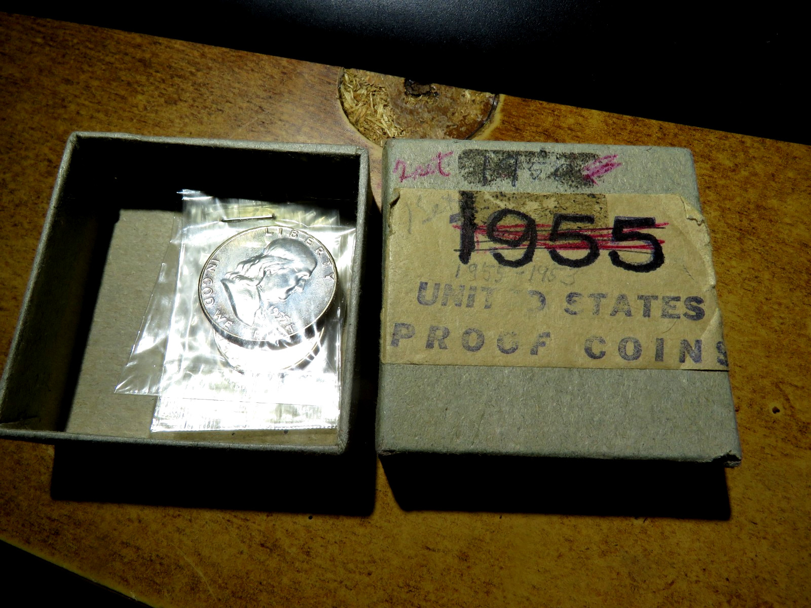 1955 5 Coin Proof Set in Original Box and Stappled Cellophane Coin Holders O1