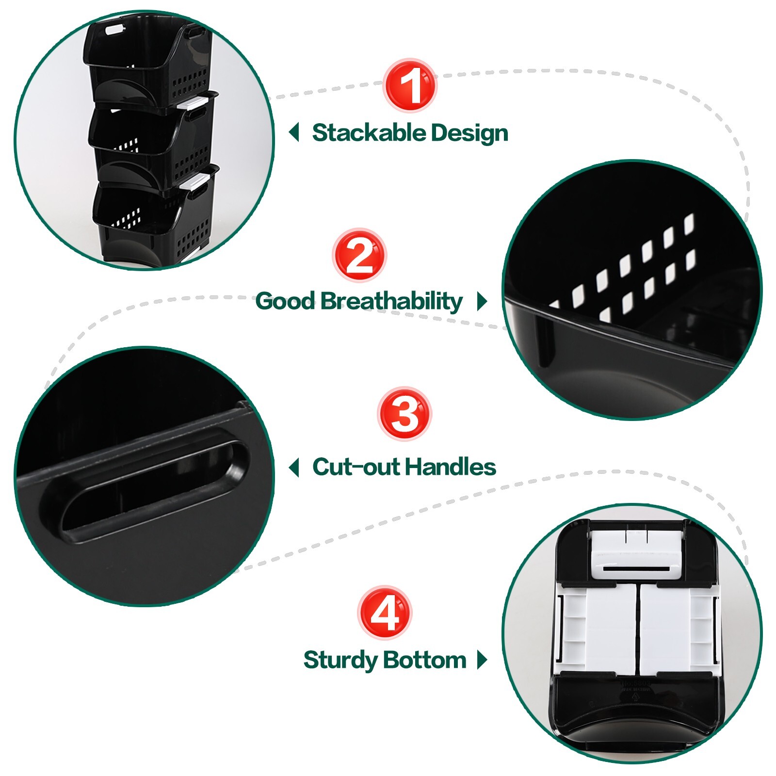 3 Packs Plastic Stacking Storage Basket, Large Detachable Stacking Bins, Black