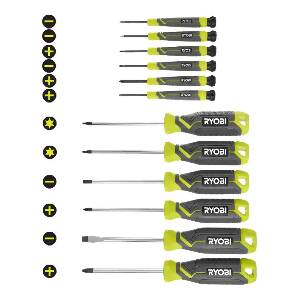 Ryobi Screwdriver Set (12-Piece) Cushion Grip Handles Magnetic Precision Fit