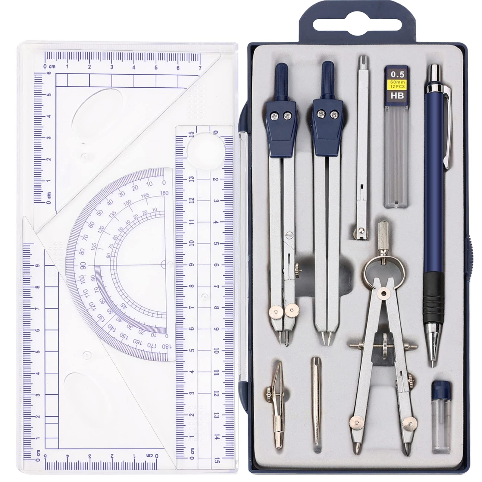 13 PCS Geometry Compass Math Precision Tools Protractor Set With Case