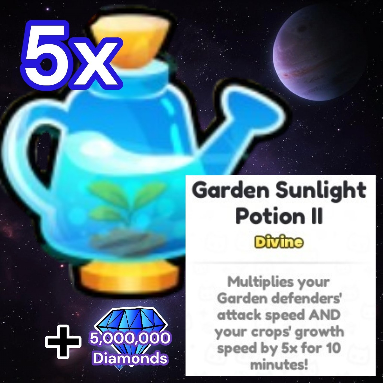 5x Garden Sunlight Potion II (Pets vs Coins Event) + 5m Diamonds. PS99