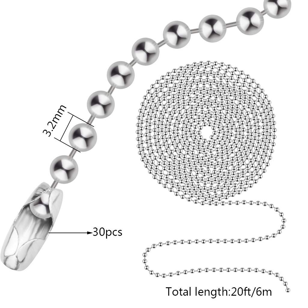 Beaded Pull Chain Extension with Connector, 20 Feet Beaded Roller Chain (3.2Mm,