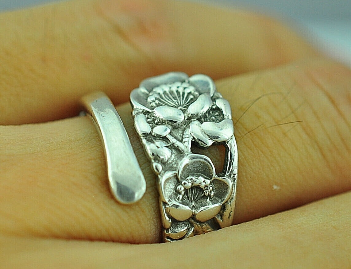 Dainty Solid 950 Sterling Silver Plum Flower Floral Adjustable Spoon Ring