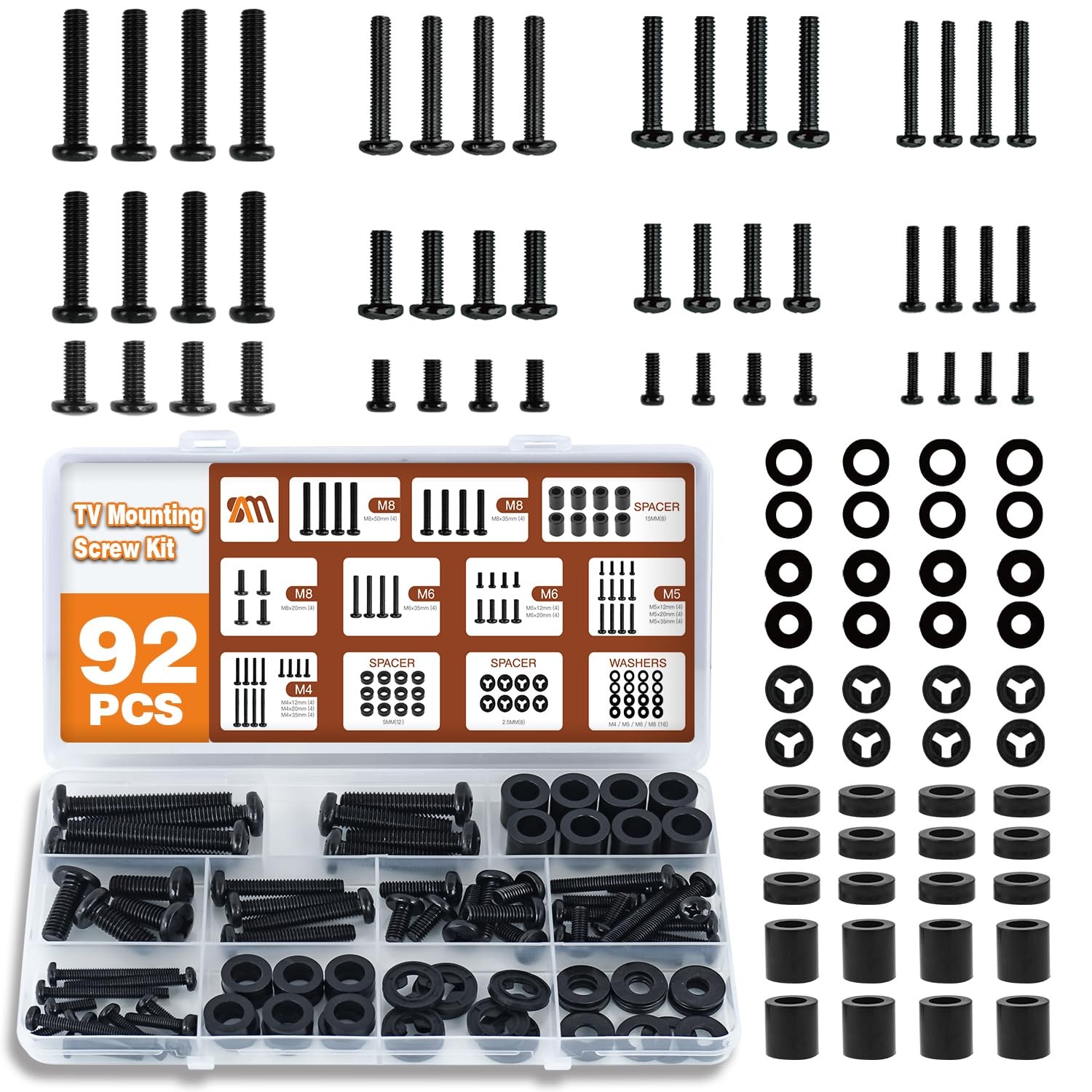 92PCS Universal TV Mounting Hardware Screw Kit Set - M4 M5 M6 M8 Screws, Spac...