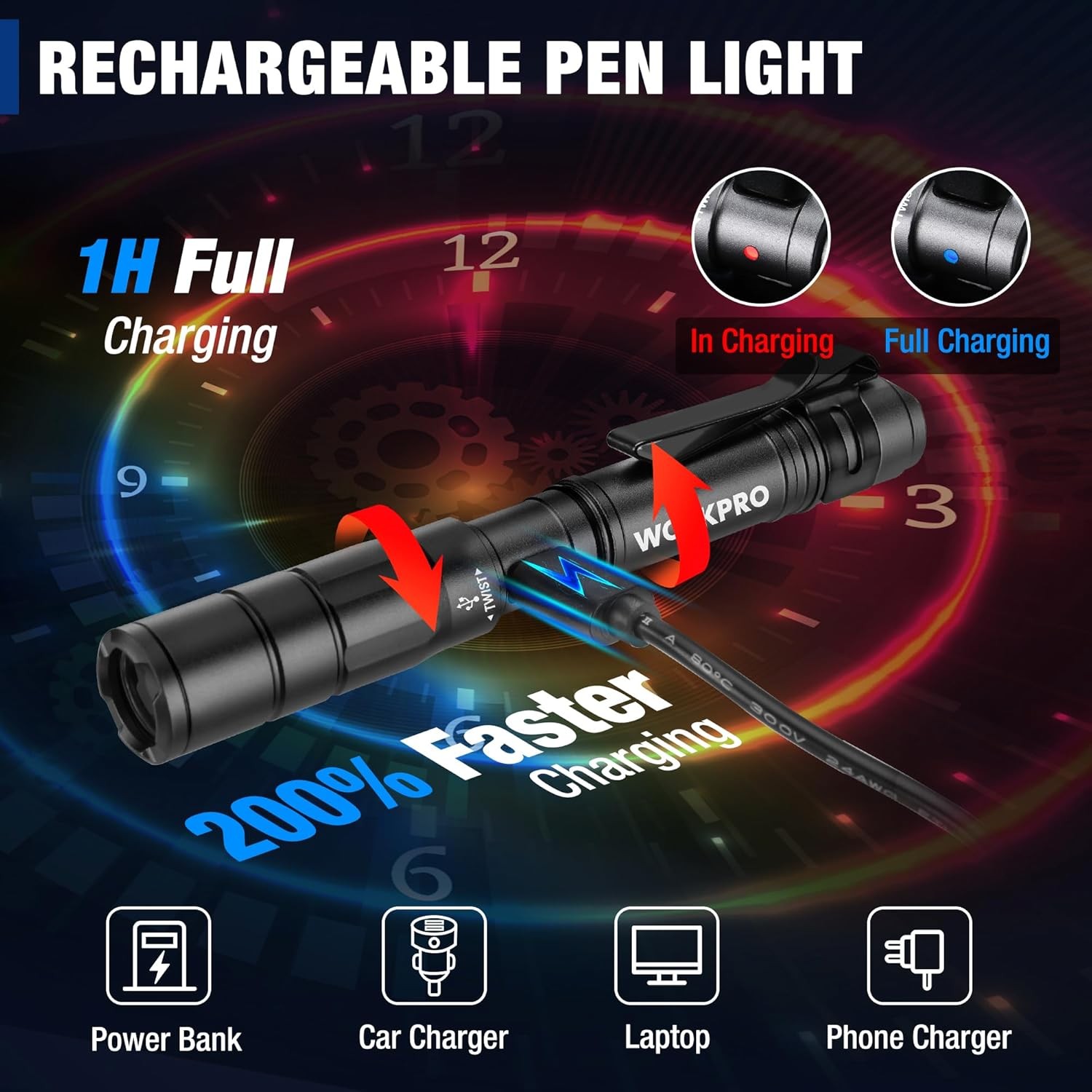 Rechargeable Pen Light, Mini Flashlight 2 Pack Pocket Flashlight 2 x USB C Cable