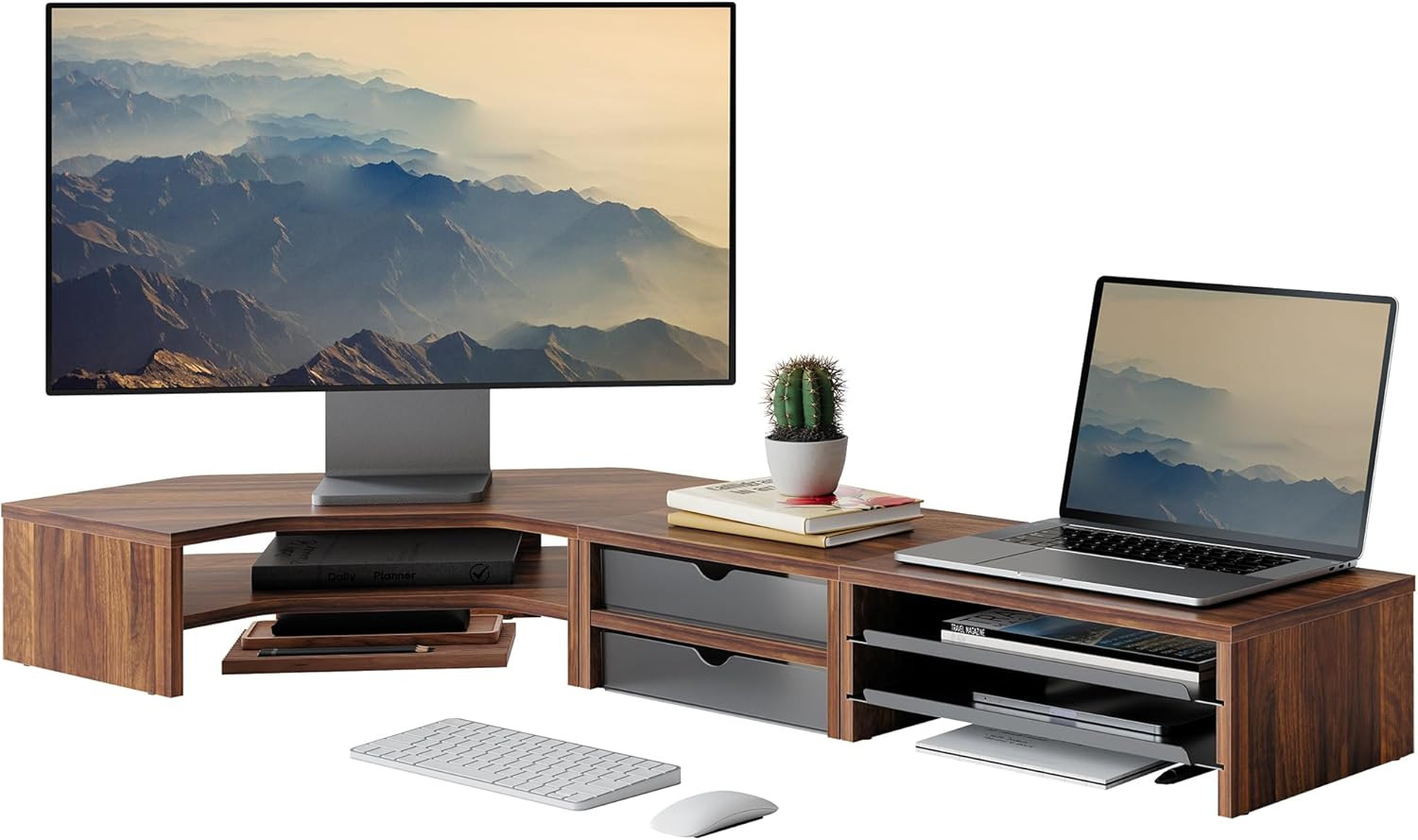Dual Monitor Stand, Corner Monitor Shelf with Drawer and Slide-Out Tray, 2 Tier